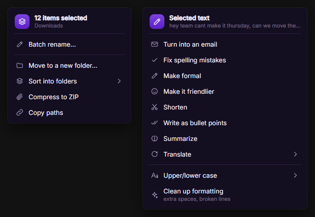 Dave’s Alt + right-click menu for selected files and for selected text.
