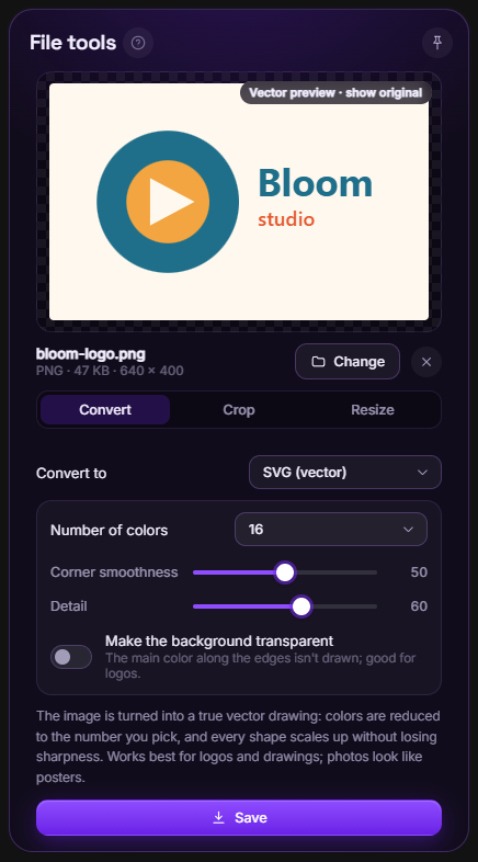 File tools in Dave: a PNG logo turned into an SVG vector, with colors, corner smoothness and detail.