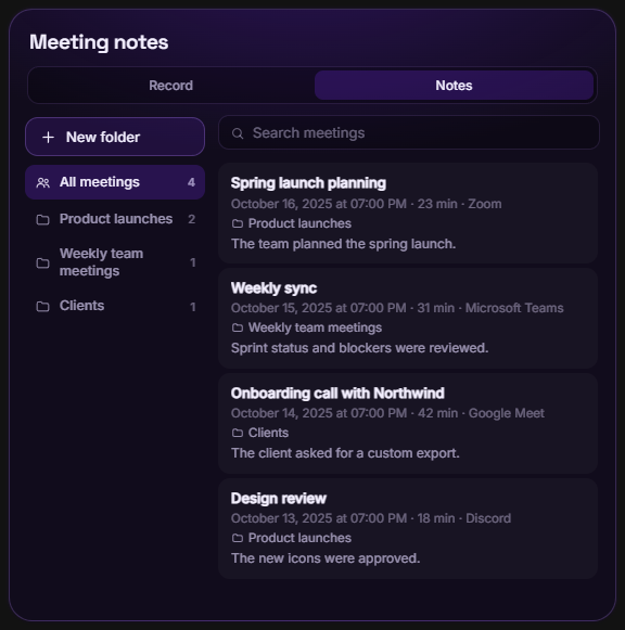 The Notes tab: folders by topic and search across all your meetings.